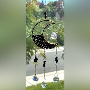 Crescent Moon Celestial Obsidian Black Gemstone Hanging Prism Charms Sun Catcher